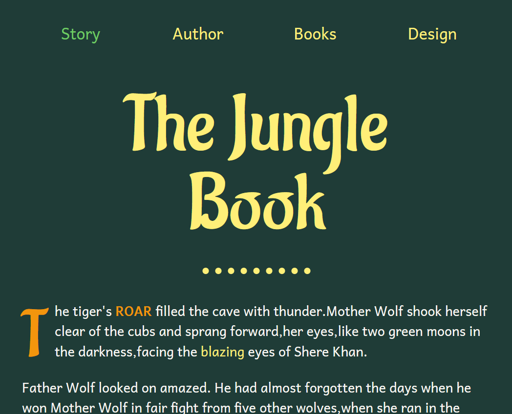 A screenshot of a website that presents a piece of literature. The piece of literature is the Jungle Book. The site background dark green and has yellow text for headings.